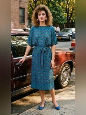 Vintage Lanvin Pure Silk Dress Size 10 Multicolor Geometric Print Belted Midi
